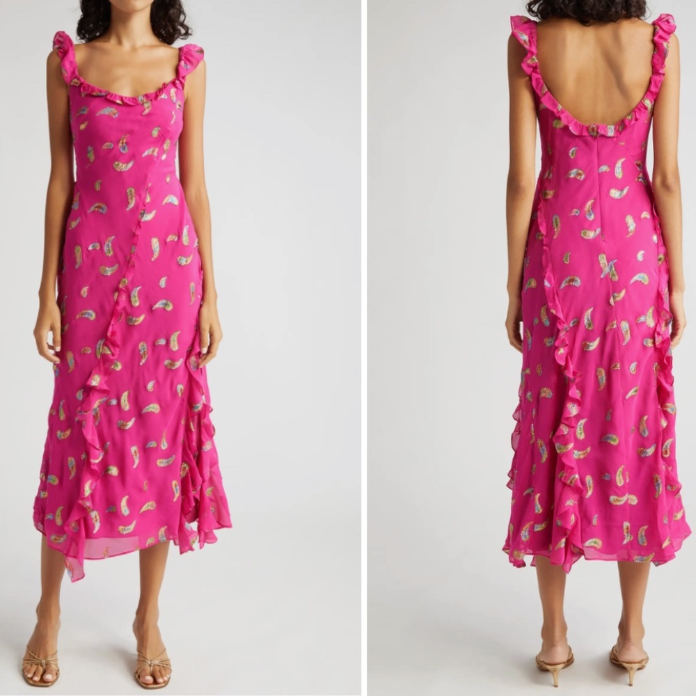 SALONI Pink Fuchsia Silk Midi Dress Ruffle Paisley 10